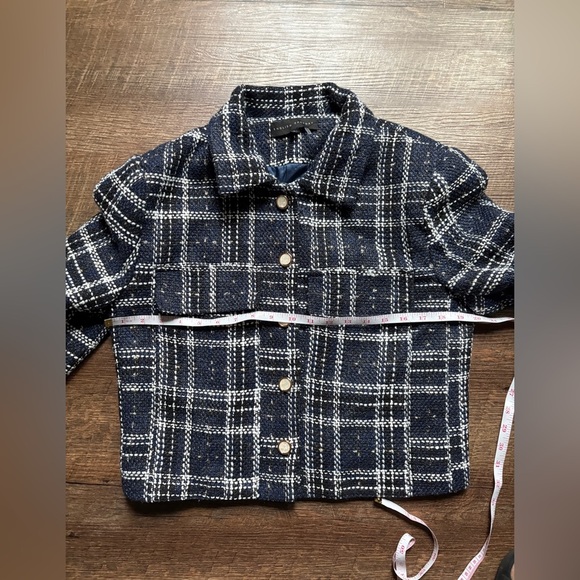 ENGLISH FACTORY blue white tweed plaid cropped blazer jacket NWOT sz L coquette - Picture 10 of 15